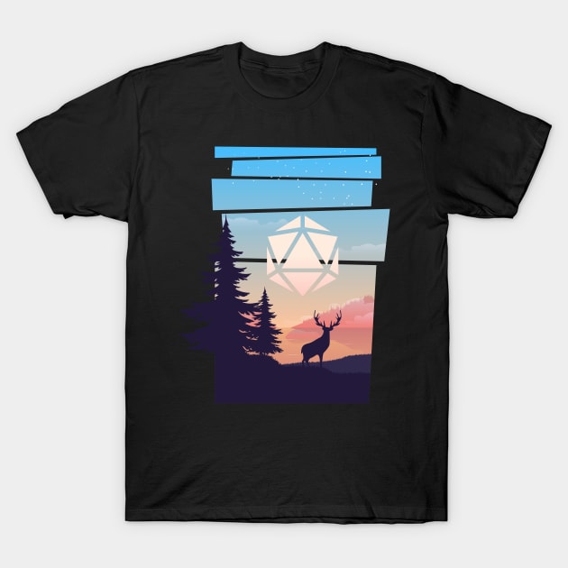 Forest Sunset Deers Polyhedral D20 Dice Sun RPG Landscape T-Shirt by pixeptional